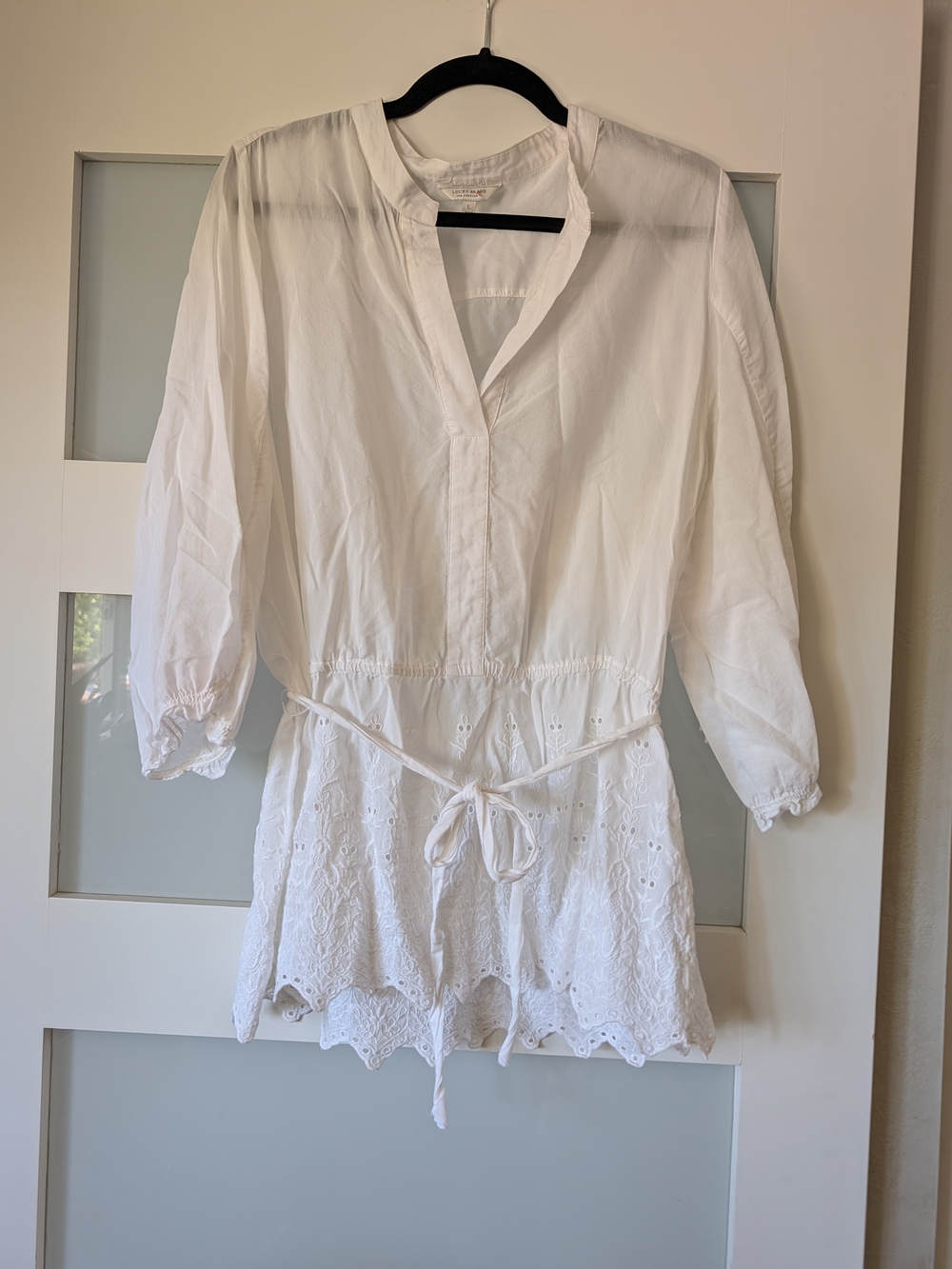 Lucky Brand White Cotton Eyelet Tie-Waist Tunic